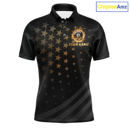 Fire Flame 8 Ball Pool Polo Quarter-Zip Billiard Shirt For Men Custom Gold Billiard Team Attire NYN4047
