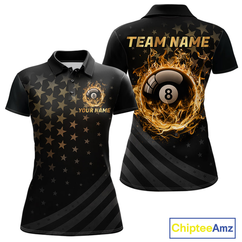 Fire Flame 8 Ball Pool Polo Quarter-Zip Billiard Shirt For Women Custom Gold Billiard Team Attire NYN4047