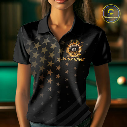 Fire Flame 8 Ball Pool Polo Quarter-Zip Billiard Shirt For Women Custom Gold Billiard Team Attire NYN4047