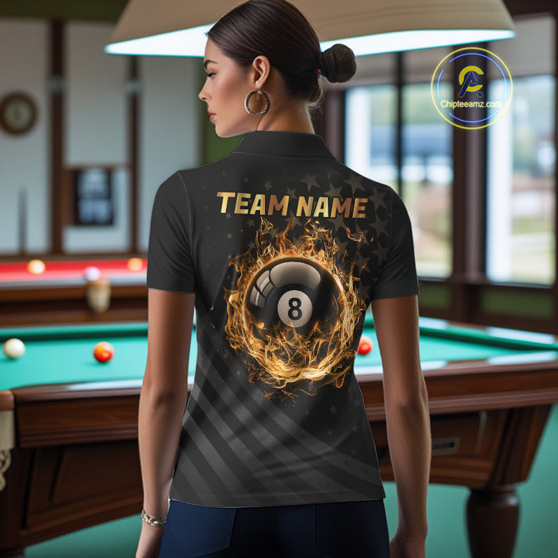 Fire Flame 8 Ball Pool Polo Quarter-Zip Billiard Shirt For Women Custom Gold Billiard Team Attire NYN4047