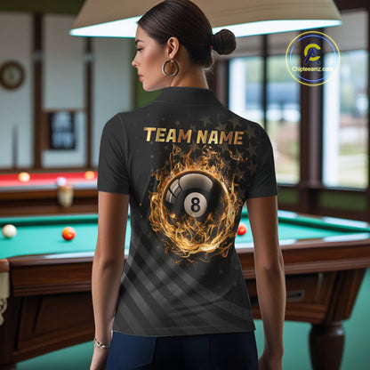 Fire Flame 8 Ball Pool Polo Quarter-Zip Billiard Shirt For Women Custom Gold Billiard Team Attire NYN4047