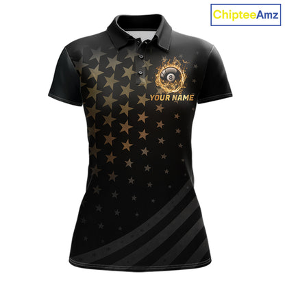 Fire Flame 8 Ball Pool Polo Quarter-Zip Billiard Shirt For Women Custom Gold Billiard Team Attire NYN4047