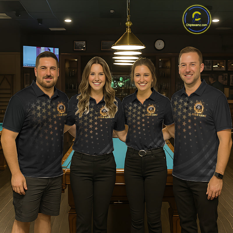 Fire Flame 8 Ball Pool Polo Quarter-Zip Billiard Shirt For Men Custom Gold Billiard Team Attire NYN4047