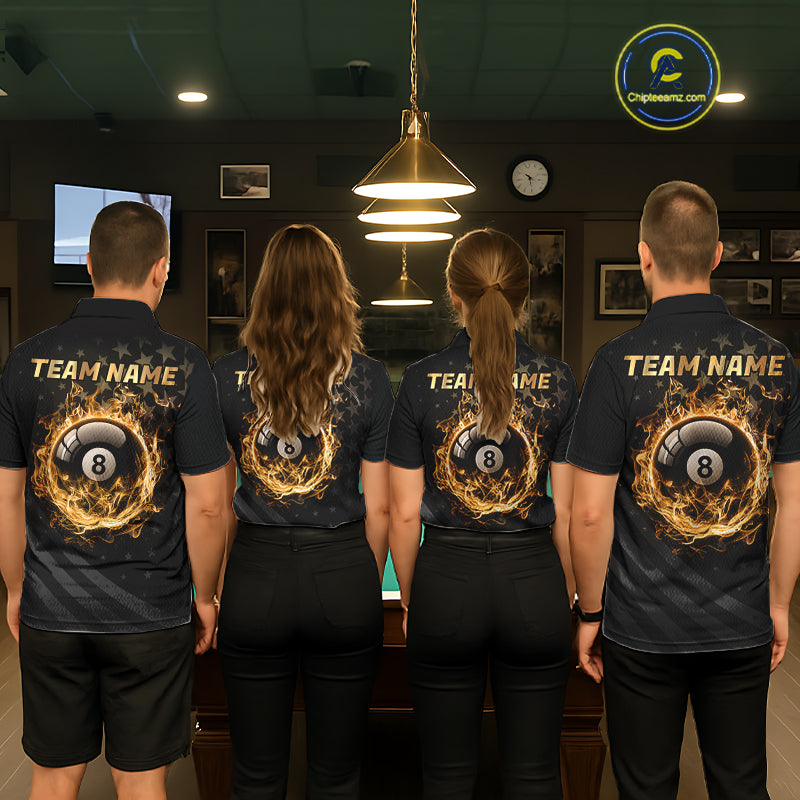 Fire Flame 8 Ball Pool Polo Quarter-Zip Billiard Shirt For Men Custom Gold Billiard Team Attire NYN4047