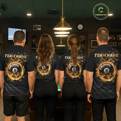 Fire Flame 8 Ball Pool Polo Quarter-Zip Billiard Shirt For Men Custom Gold Billiard Team Attire NYN4047