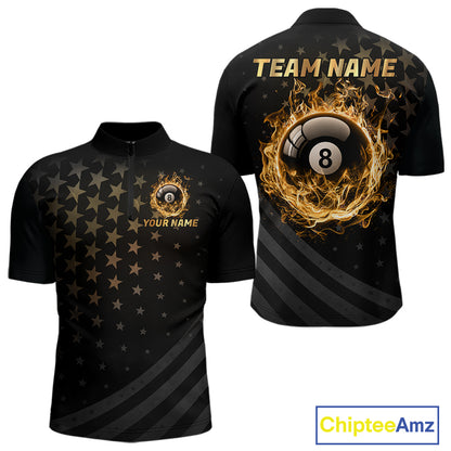 Fire Flame 8 Ball Pool Polo Quarter-Zip Billiard Shirt For Men Custom Gold Billiard Team Attire NYN4047