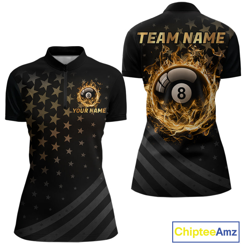 Fire Flame 8 Ball Pool Polo Quarter-Zip Billiard Shirt For Women Custom Gold Billiard Team Attire NYN4047