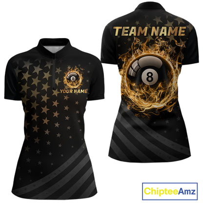 Fire Flame 8 Ball Pool Polo Quarter-Zip Billiard Shirt For Women Custom Gold Billiard Team Attire NYN4047