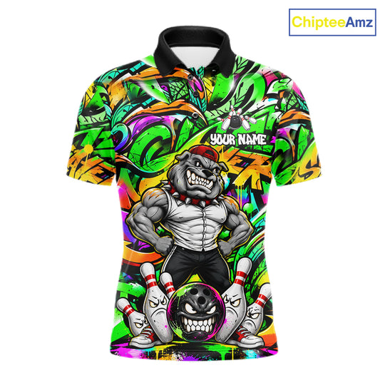 Funny Bowling Polo 1/4-Zip Shirt For Men Custom Angry Bulldog Green Graffiti Bowling Jersey NYN4785