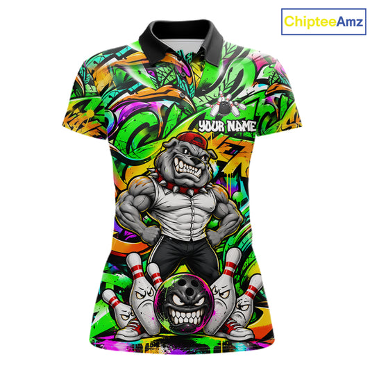 Funny Bowling Polo 1/4-Zip Shirt For Women Custom Angry Bulldog Green Graffiti Bowling Jersey NYN4785