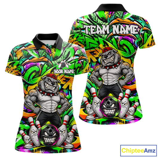Funny Bowling Polo 1/4-Zip Shirt For Women Custom Angry Bulldog Green Graffiti Bowling Jersey NYN4785