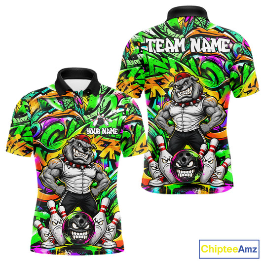 Funny Bowling Polo 1/4-Zip Shirt For Men Custom Angry Bulldog Green Graffiti Bowling Jersey NYN4785