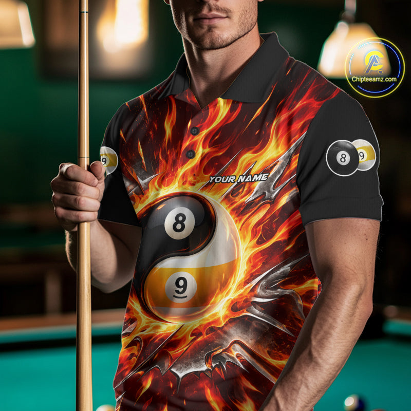 Personalized Yin Yang 8 Ball 9 Ball Billiard Shirt For Men Red Flame Pool Billiard Jersey Team Uniform NYN4792