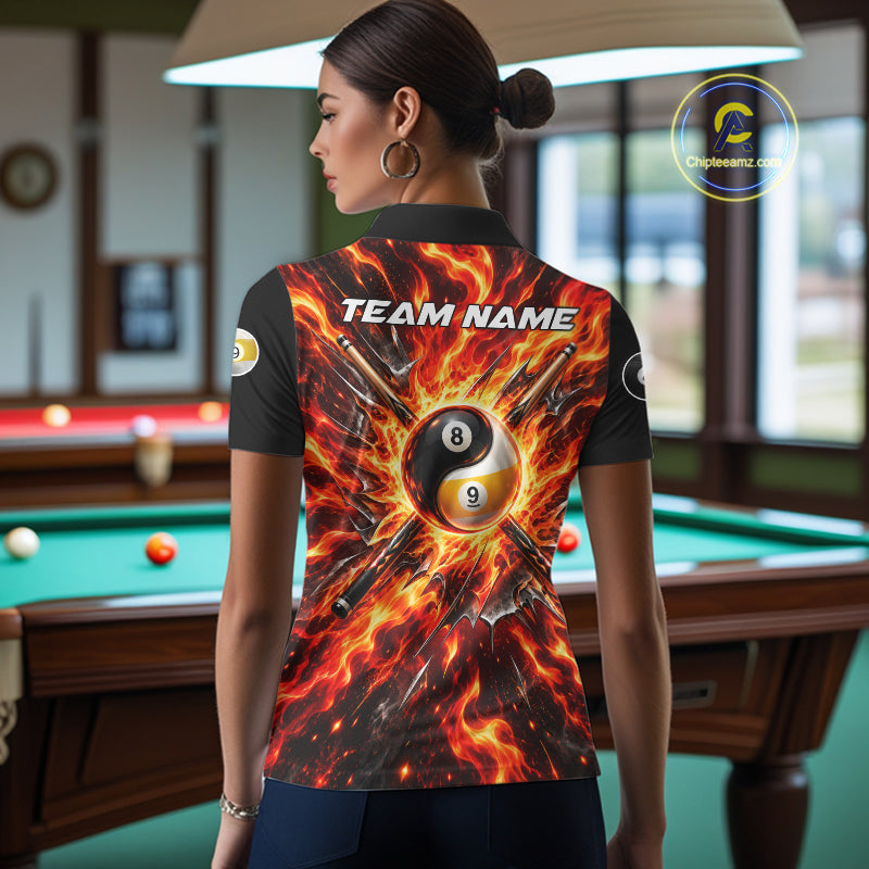 Personalized Yin Yang 8 Ball 9 Ball Billiard Shirt For Women Red Flame Pool Billiard Jersey Team Uniform NYN4792