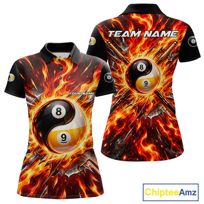 Personalized Yin Yang 8 Ball 9 Ball Billiard Shirt For Women Red Flame Pool Billiard Jersey Team Uniform NYN4792