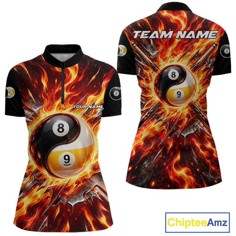Personalized Yin Yang 8 Ball 9 Ball Billiard Shirt For Women Red Flame Pool Billiard Jersey Team Uniform NYN4792