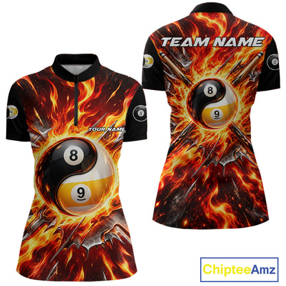 Personalized Yin Yang 8 Ball 9 Ball Billiard Shirt For Women Red Flame Pool Billiard Jersey Team Uniform NYN4792
