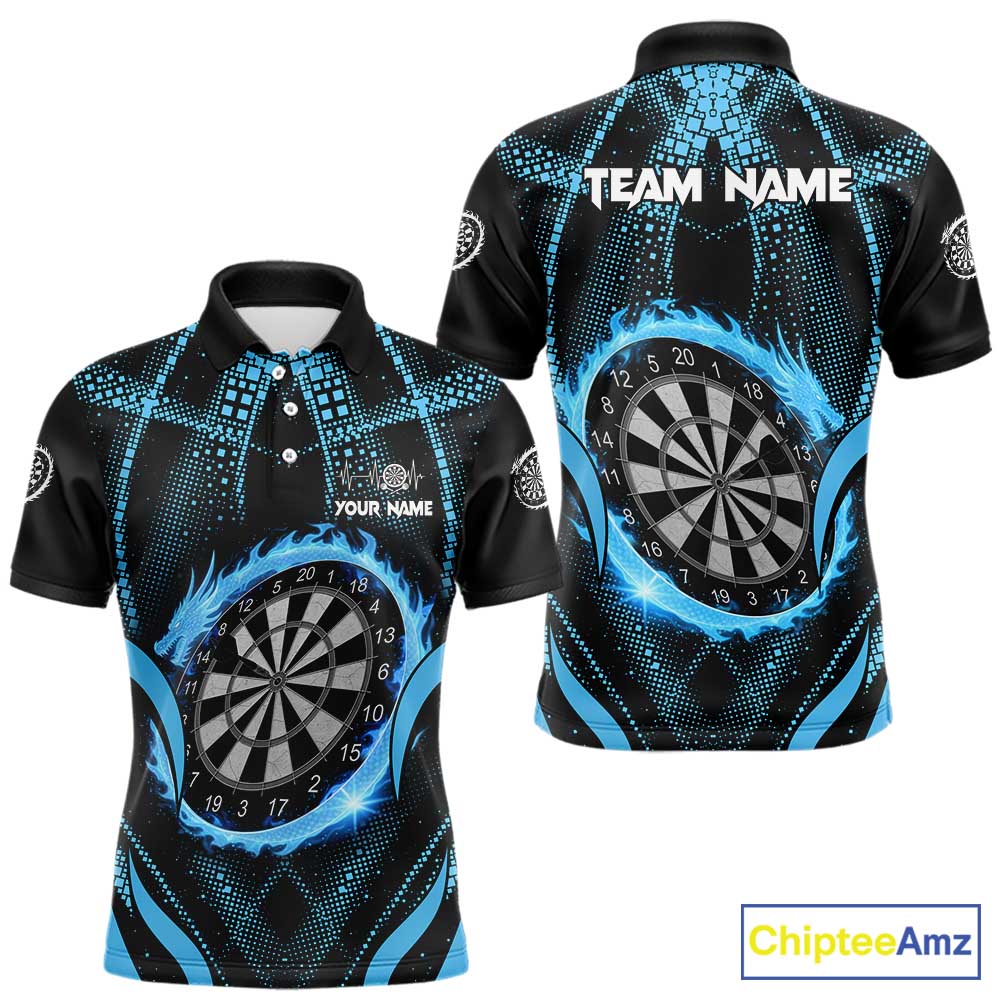 Custom Flaming Dragon Blue Digital Flow Men Darts Polo Team Shirt Dart League Jerseys NYN2177