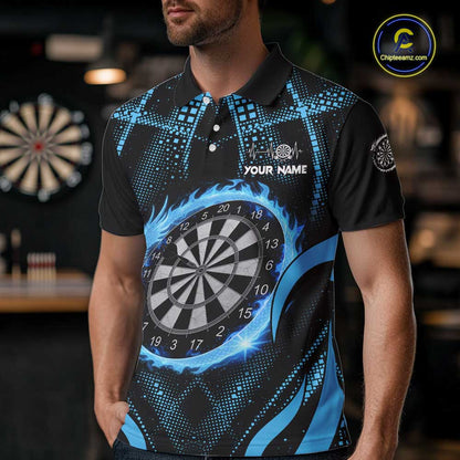 Custom Flaming Dragon Blue Digital Flow Men Darts Polo Team Shirt Dart League Jerseys NYN2177