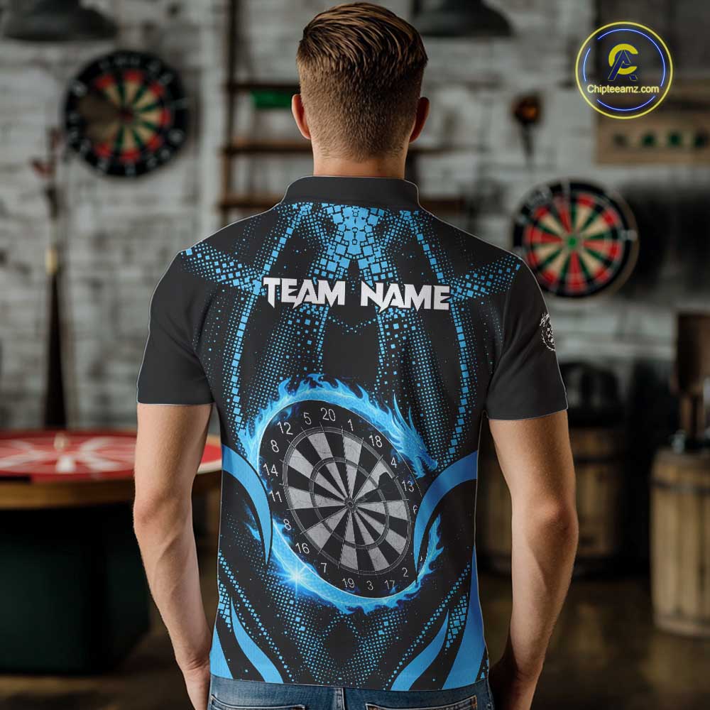 Custom Flaming Dragon Blue Digital Flow Men Darts Polo Team Shirt Dart League Jerseys NYN2177