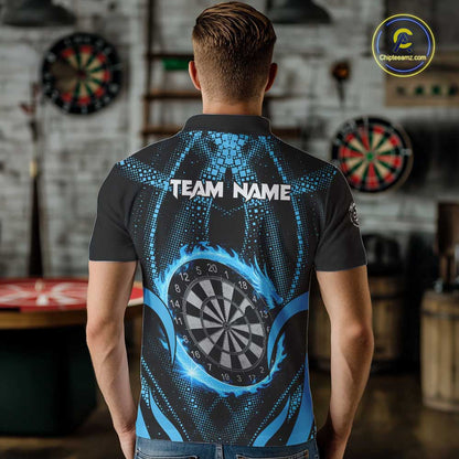 Custom Flaming Dragon Blue Digital Flow Men Darts Polo Team Shirt Dart League Jerseys NYN2177