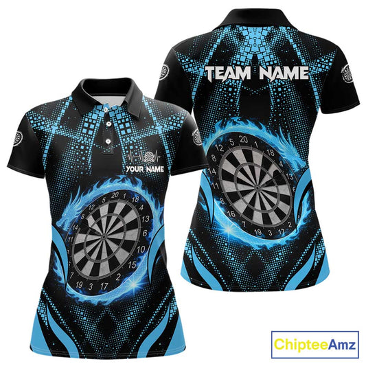 Custom Flaming Dragon Blue Digital Flow Women Darts Polo Team Shirt Dart League Jerseys NYN2177