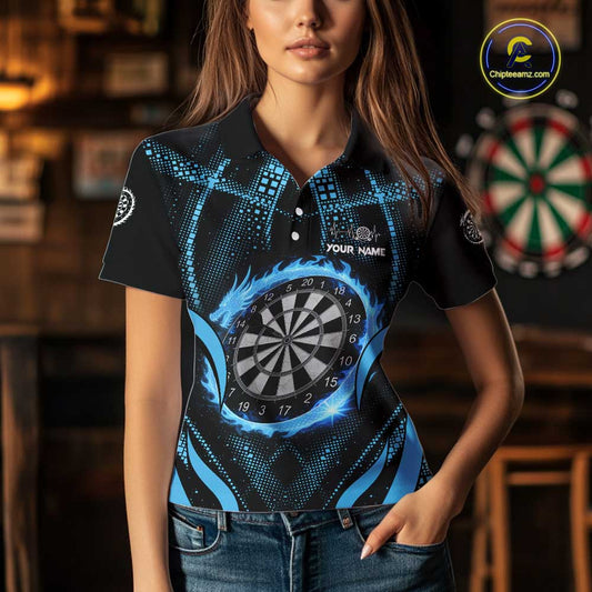 Custom Flaming Dragon Blue Digital Flow Women Darts Polo Team Shirt Dart League Jerseys NYN2177