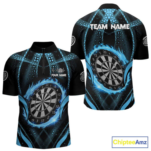 Custom Flaming Dragon Blue Digital Flow Men Darts Quarter-Zip Team Shirt Dart League Jerseys NYN2177