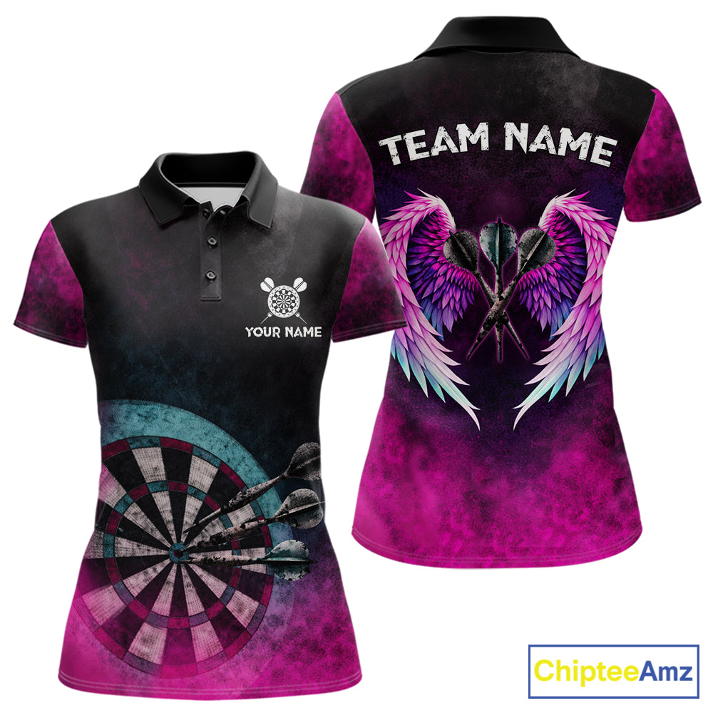 Blue & Pink Tie Dye Grunge Darts Polo Shirts For Women Custom Wings Dartboard Team Jerseys NYN2447