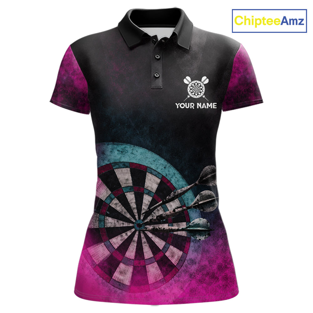 Blue & Pink Tie Dye Grunge Darts Polo Shirts For Women Custom Wings Dartboard Team Jerseys NYN2447