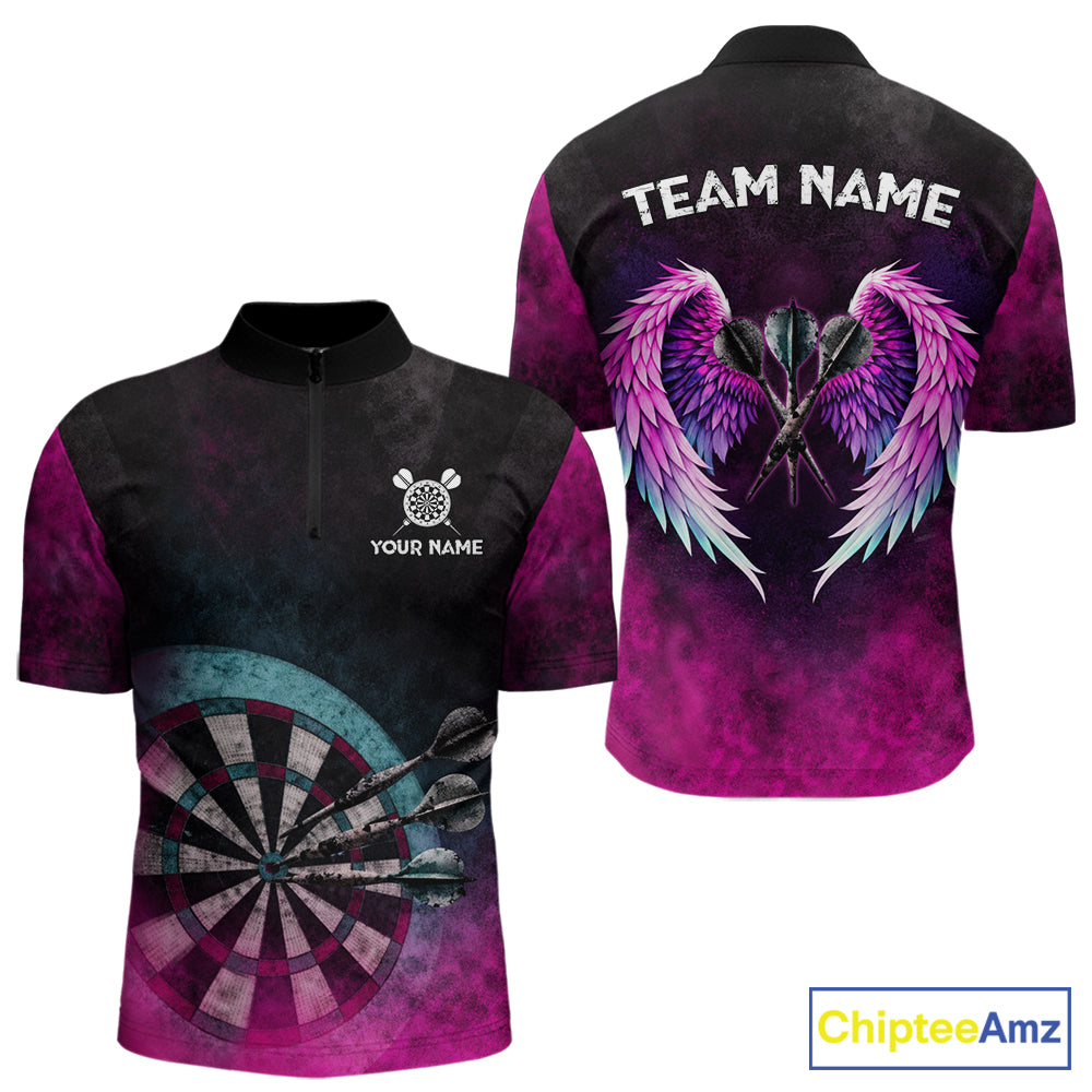 Blue & Pink Tie Dye Grunge Darts 1/4-Zip Shirts For Men Custom Wings Dartboard Team Jerseys NYN2447
