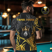 Load image into Gallery viewer, Male model wearing Gold Tribal Crown billiard polo featuring royal tribal artwork, personalized pool league apparel, championship cue sports jersey, luxury athletic performance clothing with premium styling