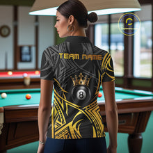 Load image into Gallery viewer, Female model wearing Gold Tribal Crown billiard polo with elegant crown artwork, personalized 8 Ball pool jersey, premium tournament apparel, luxury cue sports clothing inspired by royalty, confidence and leadership