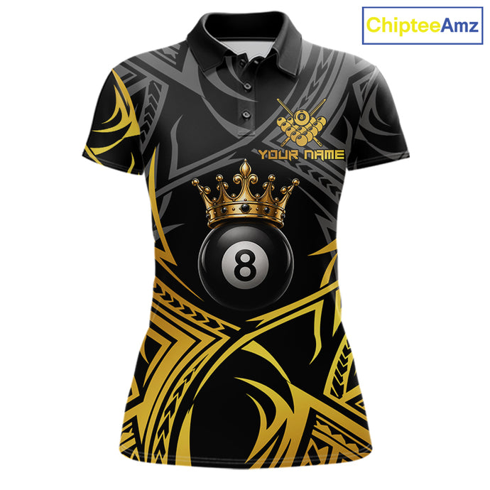 Gold Tribal Crown women's 8 Ball billiard polo featuring luxurious crown artwork, elegant tribal patterns, personalized pool tournament jersey, custom cue sports apparel, APA league performance uniform, premium billiard team shirt