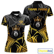 Load image into Gallery viewer, Gold Tribal Crown women's 8 Ball billiard polo featuring luxurious crown artwork, elegant tribal patterns, personalized pool tournament jersey, custom cue sports apparel, APA league performance uniform, premium billiard team shirt