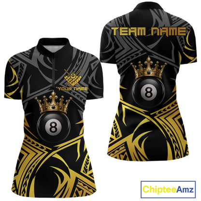 Gold Tribal Crown women's quarter-zip billiard jersey featuring premium gold crown and tribal artwork, custom 8 Ball tournament shirt, personalized cue sports apparel, luxury performance sportswear