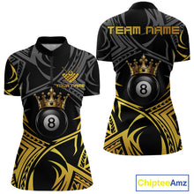 Load image into Gallery viewer, Gold Tribal Crown women's quarter-zip billiard jersey featuring premium gold crown and tribal artwork, custom 8 Ball tournament shirt, personalized cue sports apparel, luxury performance sportswear