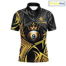 Load image into Gallery viewer, Gold Tribal Crown men's 9 Ball billiard polo featuring elegant crown graphics, tribal patterns, personalized pool league jersey, championship cue sports apparel, premium athletic performance uniform