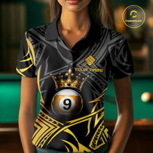 Load image into Gallery viewer, Female model wearing Gold Tribal Crown 9 Ball billiard polo featuring luxury crown artwork, personalized championship pool jersey, elegant cue sports apparel for competitive league players