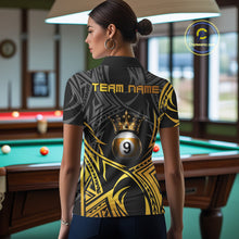 Load image into Gallery viewer, Female model wearing Gold Tribal Crown 9 Ball billiard polo featuring luxury crown artwork, personalized championship pool jersey, elegant cue sports apparel for competitive league players