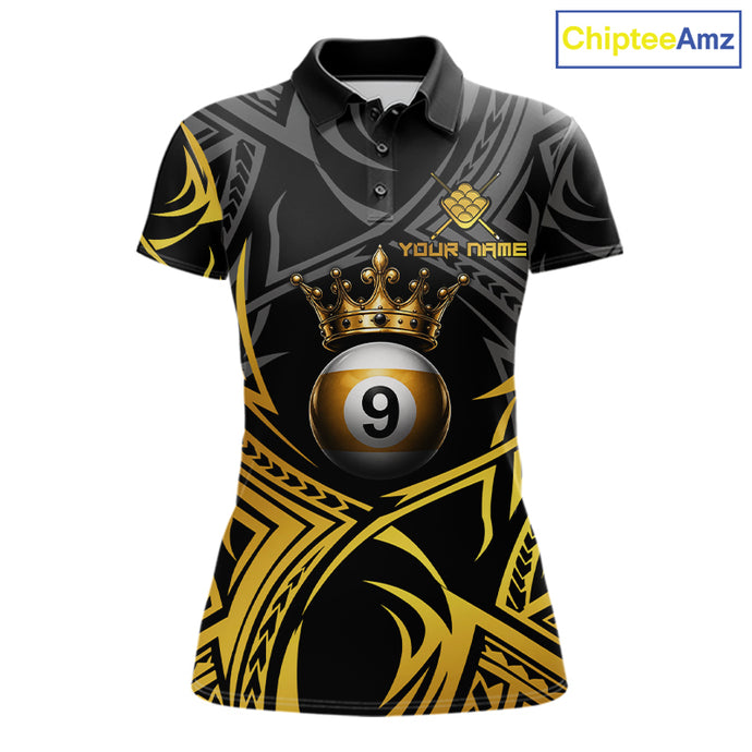 Gold Tribal Crown women's 9 Ball billiard polo featuring premium royal crown artwork, personalized 9 Ball tournament jersey, APA BCA cue sports apparel, custom championship pool team shirt, luxury athletic performance clothing