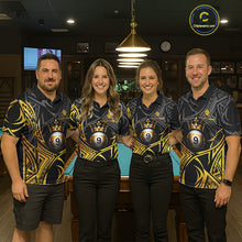 Load image into Gallery viewer, Coordinated Gold Tribal Crown 9 Ball billiard jerseys for men and women, personalized pool team uniforms inspired by royalty and tribal artistry, representing ambition, prestige, leadership and victory while appealing to fantasy enthusiasts, tattoo culture, premium sportswear fans and professional cue sports competitors