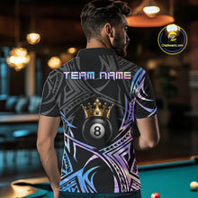 Load image into Gallery viewer, Male model wearing Holographic Tribal Crown billiard polo featuring holographic tribal artwork, personalized APA tournament jersey, premium athletic cue sports clothing inspired by modern performance fashion