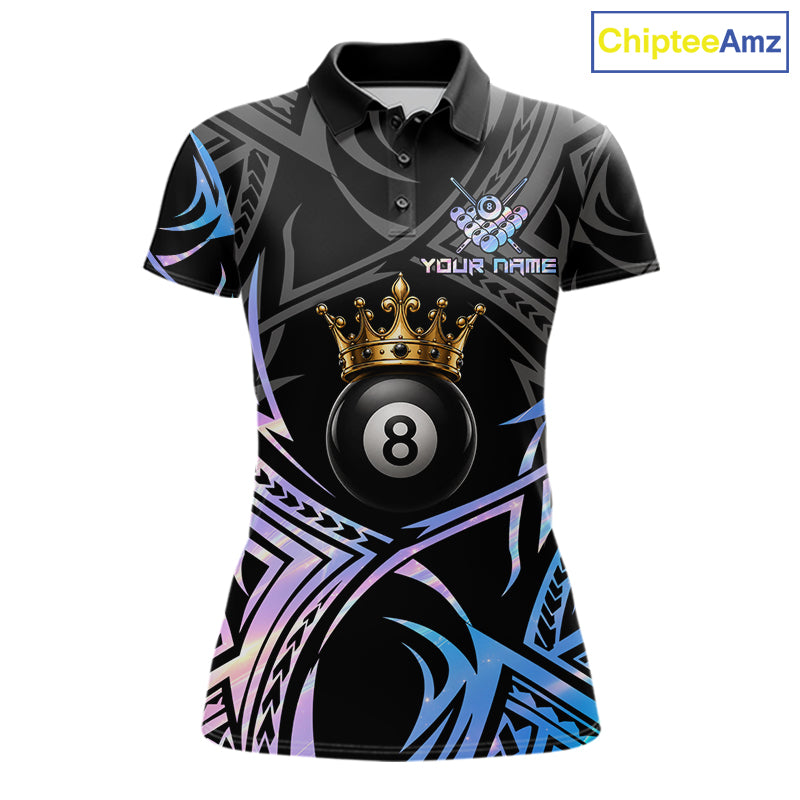 Holographic Tribal Crown women's 8 Ball billiard polo featuring iridescent crown artwork, holographic tribal graphics, personalized pool tournament jersey, APA cue sports performance apparel, premium athletic team uniform