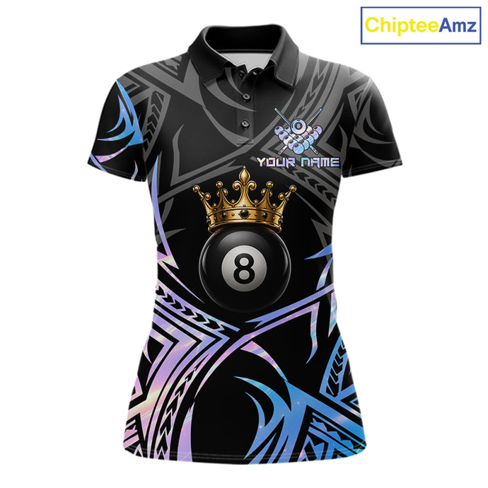 Holographic Tribal Crown women's 8 Ball billiard polo featuring iridescent crown artwork, holographic tribal graphics, personalized pool tournament jersey, APA cue sports performance apparel, premium athletic team uniform