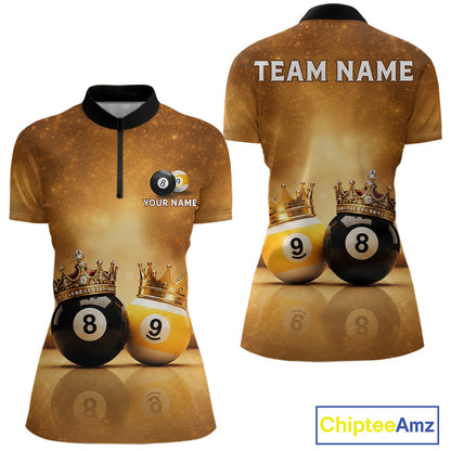 Personalized Gold Crown 8 Ball & 9 Ball Billiard Shirt For Women Custom Billiard Pool Team Jerseys NYN4052