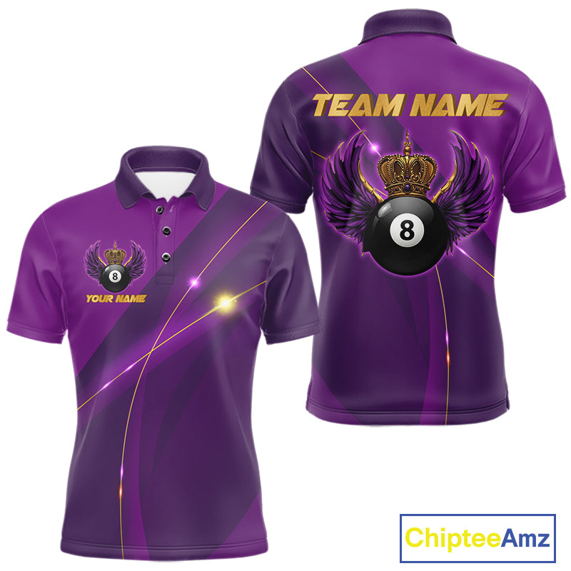 Purple & Gold Crown Billiard 8 Ball Wings Billiard Shirts For Men Custom Billiard Pool Team Outfits NYN4057