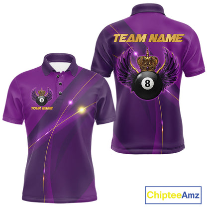 Purple & Gold Crown Billiard 8 Ball Wings Billiard Shirts For Men Custom Billiard Pool Team Outfits NYN4057