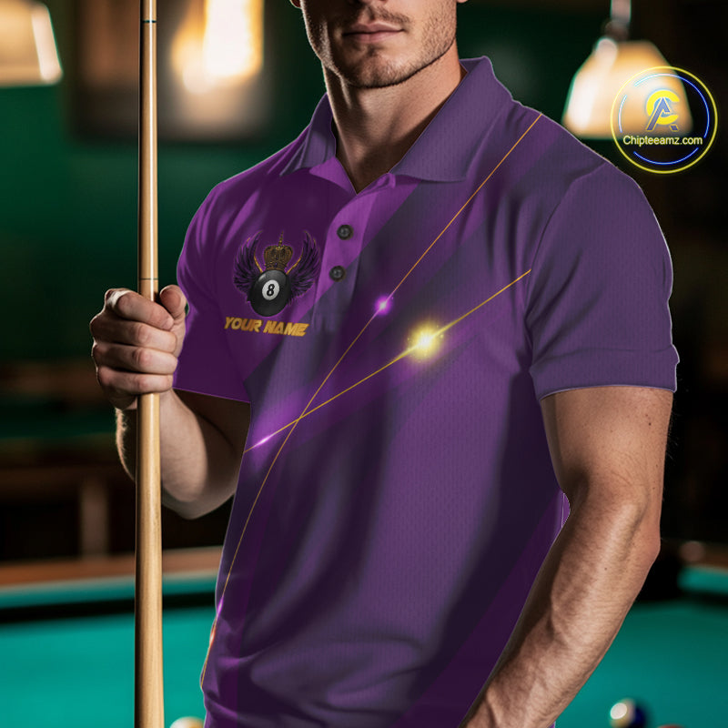 Purple & Gold Crown Billiard 8 Ball Wings Billiard Shirts For Men Custom Billiard Pool Team Outfits NYN4057