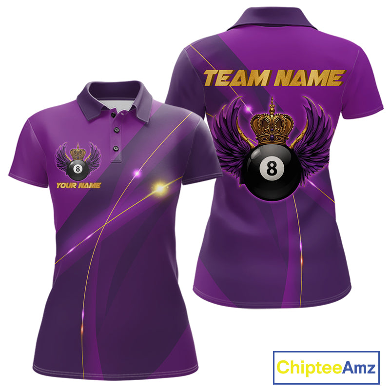 Purple & Gold Crown Billiard 8 Ball Wings Billiard Shirts For Women Custom Billiard Pool Team Outfits NYN4057